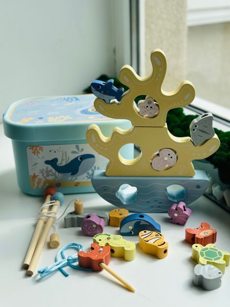Розвиваючий набір 3в1 Балансир/Шнурівка/Рибалка Tooky Toy TJ758 фото