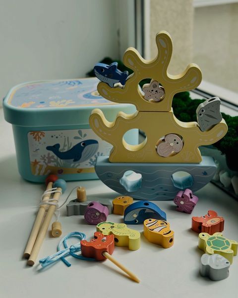 Розвиваючий набір 3в1 Балансир/Шнурівка/Рибалка Tooky Toy TJ758 фото
